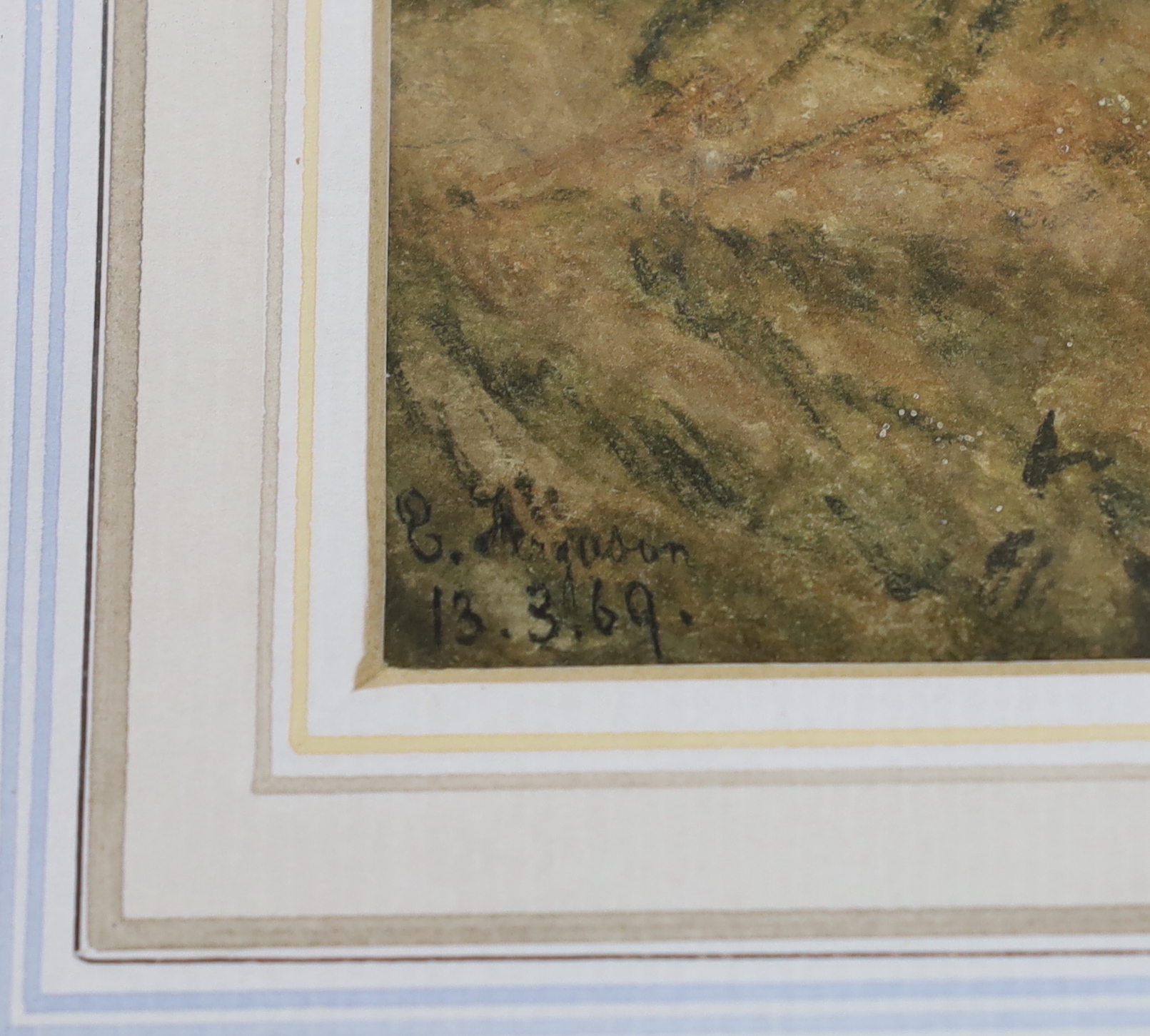 20th century Naive School, watercolour, Three figures and a donkey before a mountainous landscape, 44 x 56cm